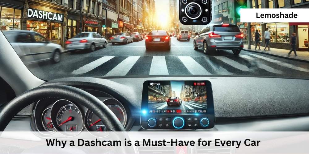 A car dashboard with a dashcam recording a scenic road ahead, capturing real-time footage for safety and evidence.